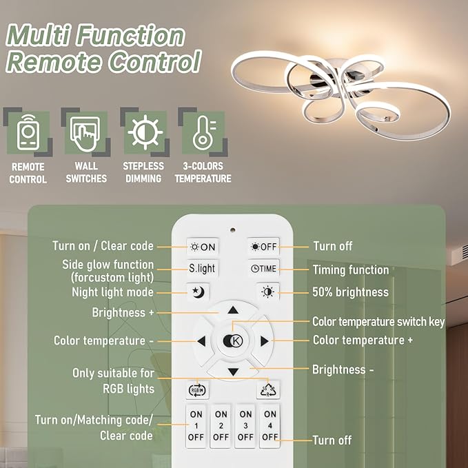 66W Modern LED Ceiling Light, 5 Rings Flower Flush Mount Light Fixture with Remote Control Chrome Dimmable Ceiling Lamp for Living Room, Bedroom, Dining Room, Hallway, Kitchen