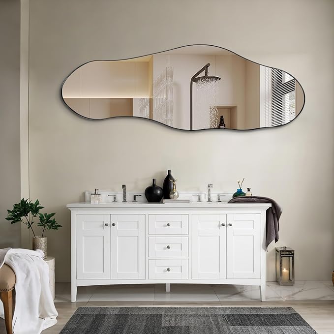 Irregular Mirror Full Length, 63"x22.5" Large Asymmetrical Mirror with Black Metal Frame, Abstract Wall Mirrors for Living Room Bedroom Hallway Entryway, Hangs Vertically or Horizontally