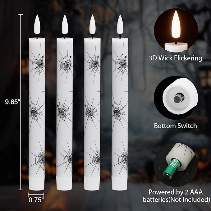 Halloween Flameless Taper Candles Battery Operated with Remote and Timer, Real Wax 3D Wick Flickering LED Taper Candle Spider Web Decals Dinner Table Halloween Decor(4 Pack, 0.78”D x 9.64”H)