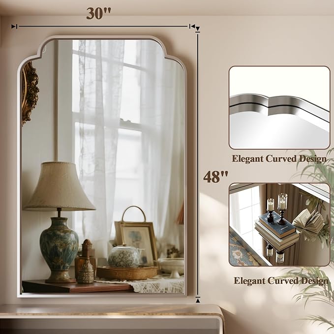 GLSLAND 30"x48" Petal Arch Bathroom Mirror – Modern Metal Frame Vanity Mirror with Scalloped Edge for Over Sink, Bedroom, Living Room, Entryway, Non-Rusting Decorative Wall Mirror, Silver