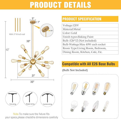Gold Sputnik Chandelier, 12 Light Farmhouse Chandeliers for Dining Room Light Fixtures Over Table, Modern Ceiling Hanging Lighting for Living Dining Room, Kitchen Island, Entryway, Foyer
