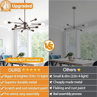 10.9"-52.3" Height Adjustable Sputnik Chandeliers Dining Room Light Fixture (12-Light, 33-Inch), Modern Brown and Gold Chandelier, Mid Century Modern Chandeliers for Dining Room (Bulbs Not Included)