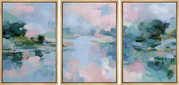 SIGNLEADER Framed Canvas Print Wall Art Set Soft Pastel Lake Landscape Illustrations Minimal Decorative Bohemian Nordic for Living Room, Bedroom, Office - 24"x36"x3 NATURAL
