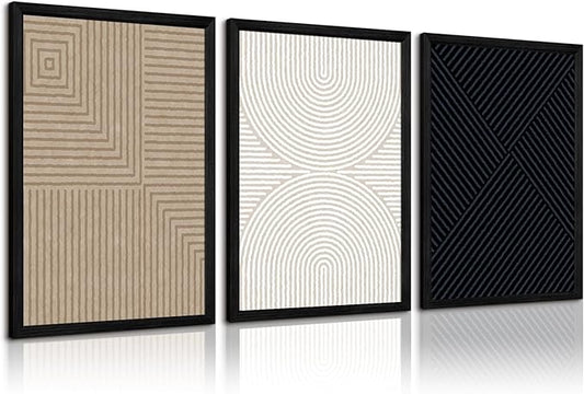 Abstract Modern Wall Decor Art Set of 3 Boho Neutral Canvas Wall Art Beige Minimalist Line Wall Art Decor Brown Black Art Modern Abstract Prints Pictures for Living Room Bedroom 16x24 Inch Framed