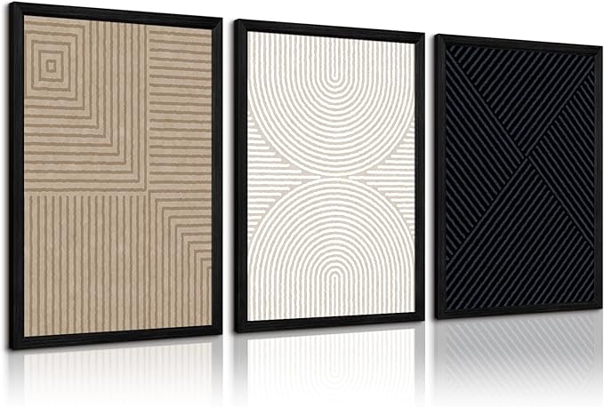 Abstract Modern Wall Decor Art Set of 3 Boho Neutral Canvas Wall Art Beige Minimalist Line Wall Art Decor Brown Black Art Modern Abstract Prints Pictures for Living Room Bedroom 12x16 Inch Framed