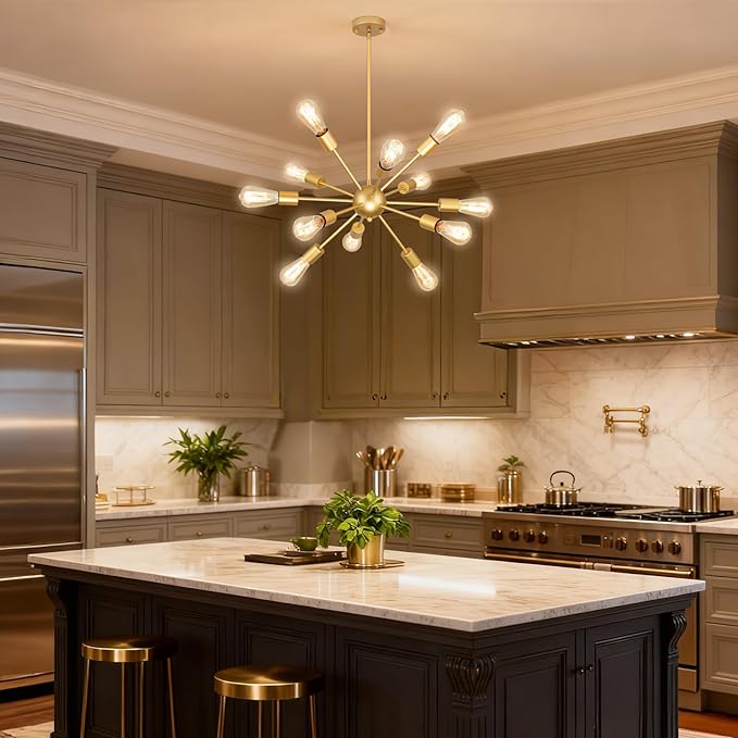 Gold Sputnik Chandelier, 12 Light Farmhouse Chandeliers for Dining Room Light Fixtures Over Table, Modern Ceiling Hanging Lighting for Living Dining Room, Kitchen Island, Entryway, Foyer