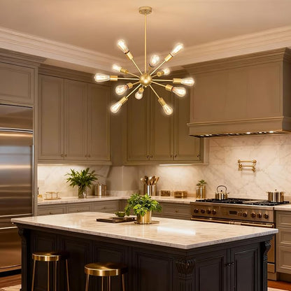 Gold Sputnik Chandelier, 12 Light Farmhouse Chandeliers for Dining Room Light Fixtures Over Table, Modern Ceiling Hanging Lighting for Living Dining Room, Kitchen Island, Entryway, Foyer