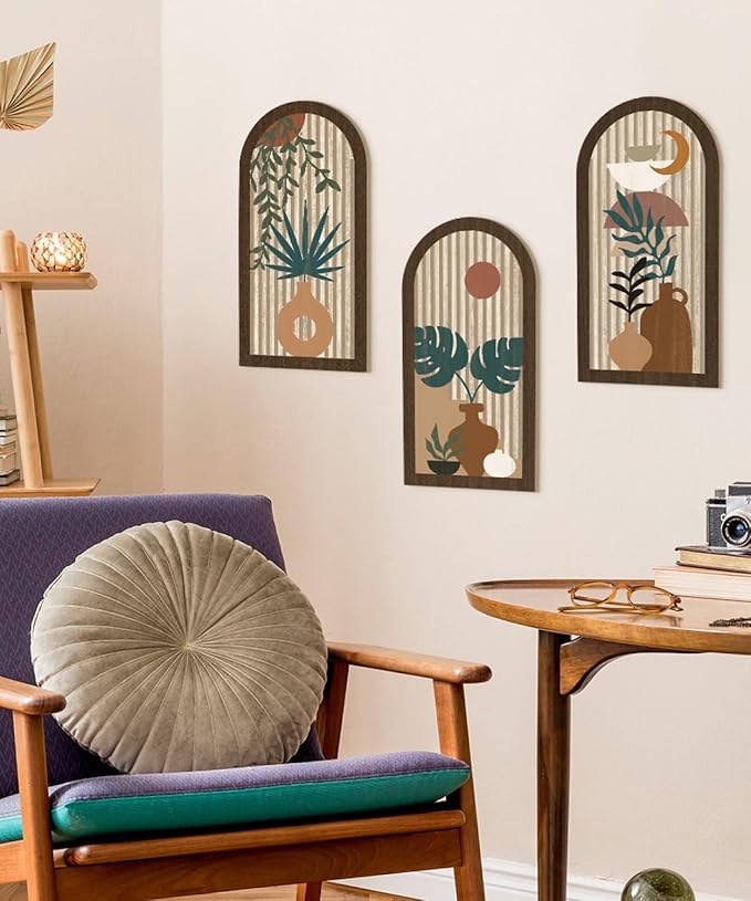 Putuo Decor Boho Wall Art, Abstract Botanical Room Decorations with Leaf & Sun Lines, Modern Minimalist Wooden Wall Decor 16x8 In Mid Century Artwork for Living Room Bedroom Office Set of 3