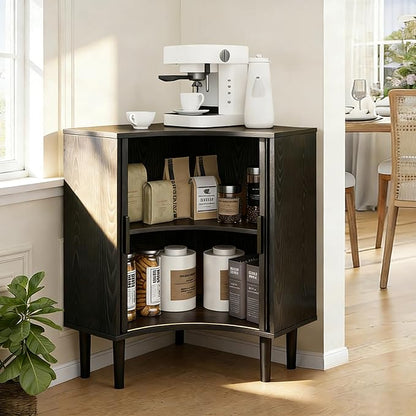 Lxsxlome Fluted Corner Cabinet, Small Corner Floor Cabinet with Sliding Doors and Adjustable Shelves, Modern Wooden Freestanding Narrow Storage Organizer for Small Space,Living Room (Black, 29.5" H)