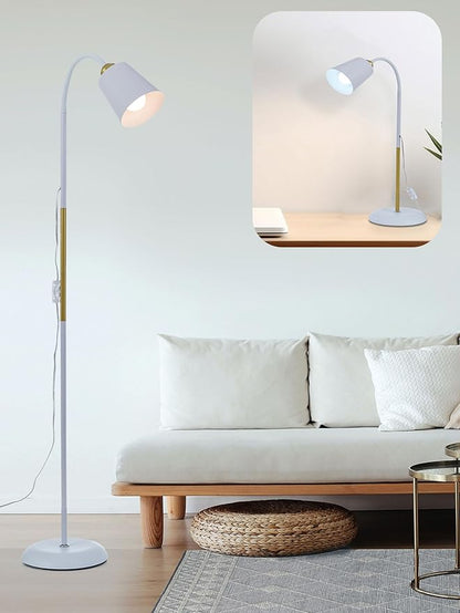 Floor Reading Lamp, Industrial Metal Floor Lamps for Living Room with Adjustable Bendable 2 in 1 Reading Table Lamps for Living Room Bedroom Office, 12W Bulb Included (White)