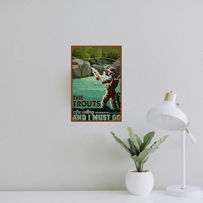 Vintage-Sign Rustic-Poster Wall-Art Fishing-Lovers, the Trouts are Calling, Funny Decor Gift Accessories Plaque for Home Farm Fence Bathroom Bedroom 8 X 12 Inch