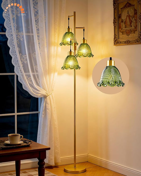 3-Light Modern Glass Floor Lamp, Gold Standing Tall Lamp with Green Lily Glass Shade for Reading, Dimmable LED Floor Lamp with 5Lbs Heavy Base for Living Room Bedroom Home Decor, Bulb Included