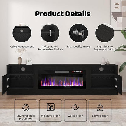 Lemberi Fireplace tv Stand with 36 inch Fireplace Up to 90" TVs, LED Light Entertainment Center and Storage, 80" Modern Wood Media TV Console with Highlight Cabinet for Living Room (Black)