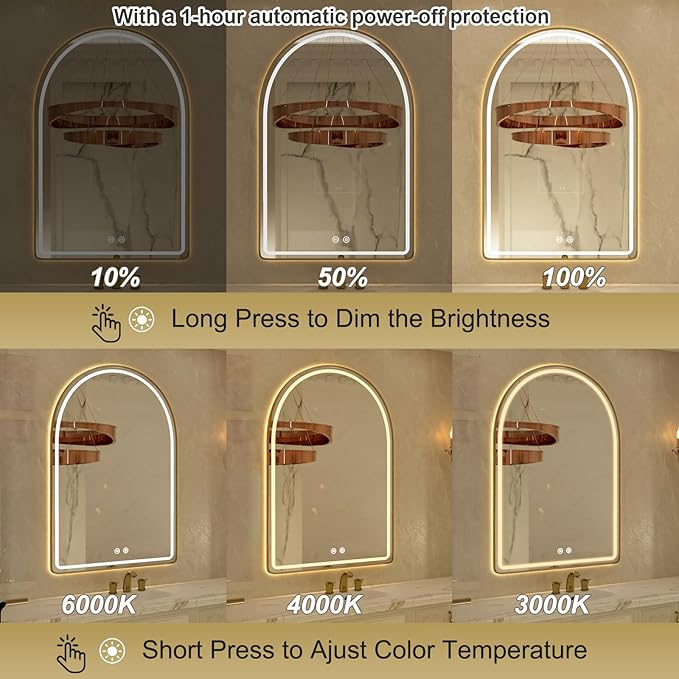 Arched LED Bathroom Mirror, 22"x32" Gold Aluminum Frame Bathroom Mirror with Lights, Lighted Vanity Mirror for Wall, Anti-Fog, Stepless Dimmable, 3 Color Temperature Vanity Mirror