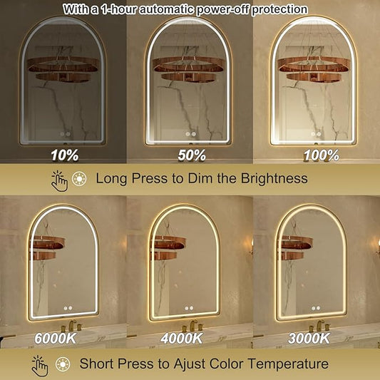 24"x36" Arched LED Bathroom Mirror, Gold Framed LED Bathroom Mirrors with Front Light and Backlit, Anti-Fog, Dimmable, 3 Colors, Memory Function, Arch Smart Vanity Mirror