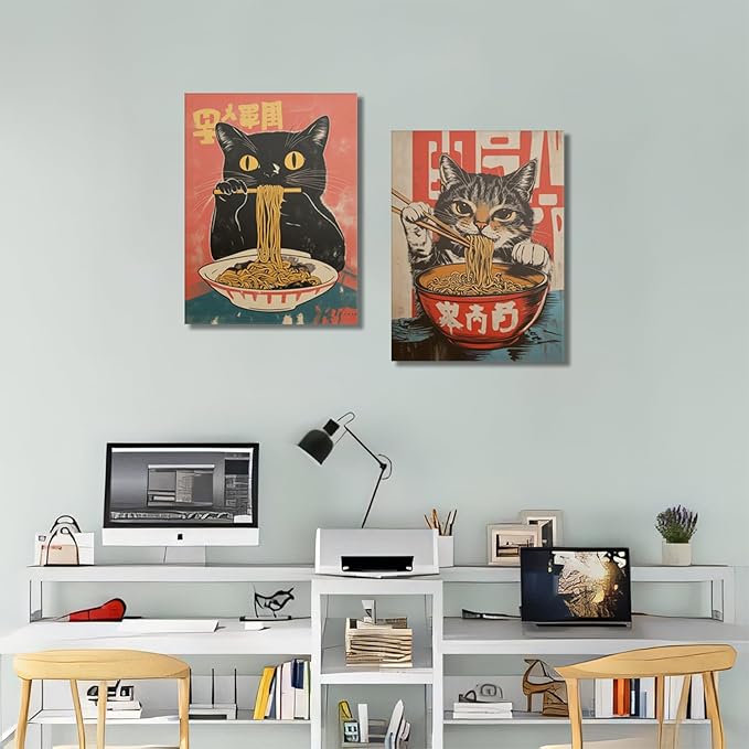 Framed Funny Black Cat Canvas Wall Art Set of 2, Vintage Japanese Cat Eating Ramen Poster, Unique Gifts and Animal Lover Printing Picture for Living Room Kitchen Dining Room Wall Decor 16x24 Inch