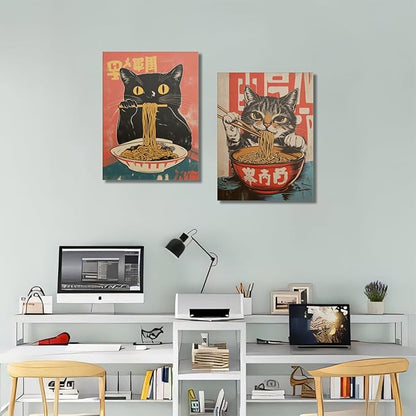 Framed Funny Black Cat Canvas Wall Art Set of 2, Vintage Japanese Cat Eating Ramen Poster, Unique Gifts and Animal Lover Printing Picture for Living Room Kitchen Dining Room Wall Decor 16x24 Inch