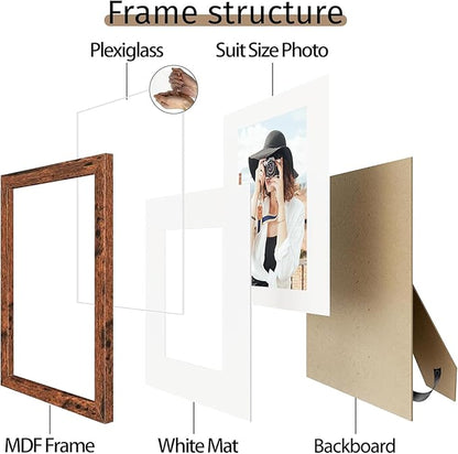 Picrit 8.5x11 Picture Frame Set of 12, Display 6x8 with Mat or 8.5 x 11 without Mat, Photo Frames for Wall Mounting or Table Top Display, Brown