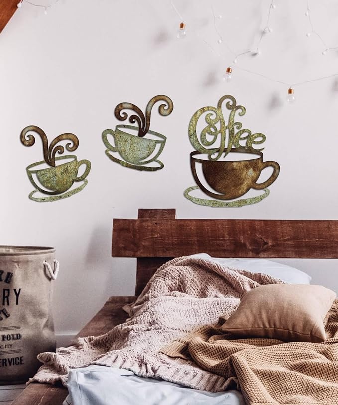 Putuo Decor Rustic Coffee Cup Metal Wall Decor, Vintage Coffee Bar Kitchen Wall Art, Set of 3 Farmhouse Bar Accessories Hanging for Dining Room Cafe Bakery