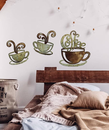 Putuo Decor Rustic Coffee Cup Metal Wall Decor, Vintage Coffee Bar Kitchen Wall Art, Set of 3 Farmhouse Bar Accessories Hanging for Dining Room Cafe Bakery