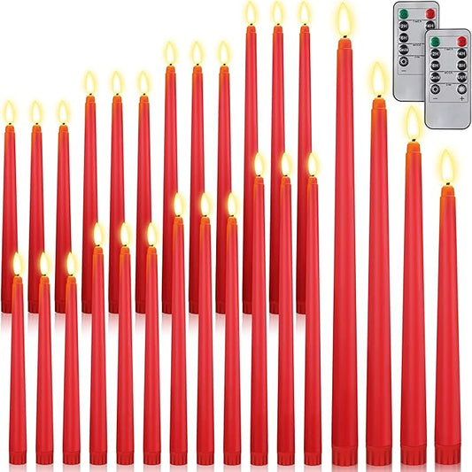 Rossesay 28 Pcs Flameless Taper Candles with Timer Remote 4 Sizes of 8.5", 9.6", 10.83", 12.8" LED Flickering Taper Candles Battery Operated for Valentine's Day Church Wedding Home Decor(Red)