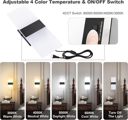TRLIFE Modern LED Wall Sconces, Adjustable 4 Color Temperature 12W Wall Sconce Plug in, Acrylic Wall Mounted Light Set of 2 Wall Lights with 6FT Plug in Cord for Bedroom Stairway(2 Pack, Black)