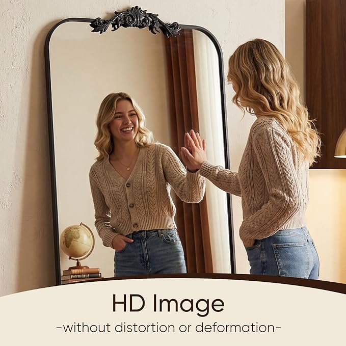 Antok Arched Full Length Mirror, 71"x32" Floor Mirror with Carved, Full Body Mirrors for HomeDecor, Standing/Halling Large Wall Mirror for Bedroom, Living Room, Cloakroom, Black, Luxury Style