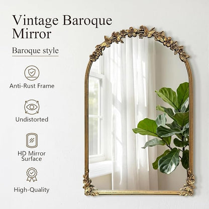 Antique Baroque Vintage Vanity Mirror 36x23Inch, Gold with Ornate Antique Frame, Arched Vintage Wall Mirror for Living Room, Fireplace, Entryway (Golden (Arched 4), 36"L x 23"W（Vertical ）)