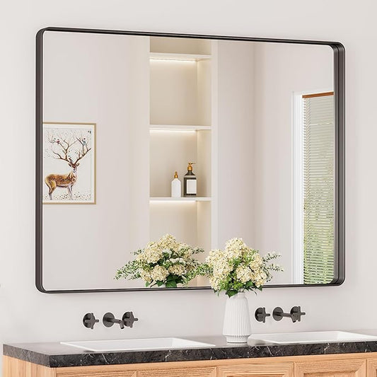 Keonjinn Black Bathroom Mirror for Over Sink, 48” x 36” Large Matte Black Vanity Mirror, Tempered Glass Rectangle Farmhouse Mirrors, Modern Decorative Mirror with Sandblasted Finish, Seamless Frame