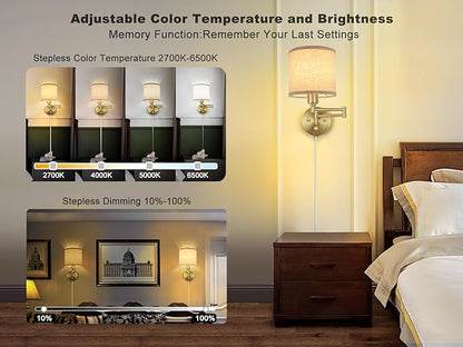 GOODATE Plug in Wall Sconces with Remote Control, Dimming & Adjustable Colors 2700K-6500K, Hardwire or Plug-in, Swing Arm Wall Lamp with Linen Fabric Shade, Wall Sconces Set of Two, Gold Finish