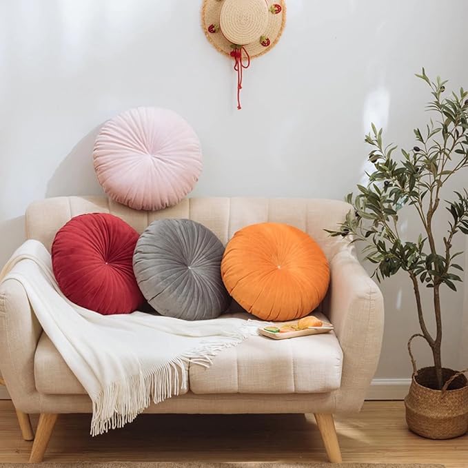 HLOVME Round Pillow Cushion for Couch Velvet Decorative Small Throw Pillow Solid Color for Living Room Bed Floor 15.7”, Gray