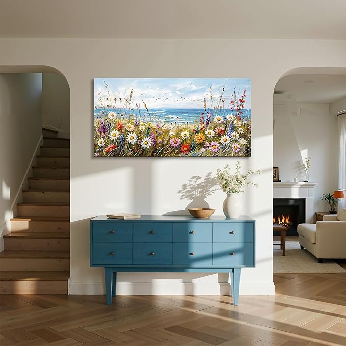 SERIMINO Large Wall Art, Beach Wall Art, Floral Wall Decor, Seaside Landscape Painting Decoration, Colorful Wildflowers Canvas Prints, Nature Pictures for Living Room Hallway Rustic Farmhouse 24"x48"