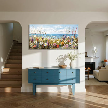 SERIMINO Large Wall Art, Beach Wall Art, Floral Wall Decor, Seaside Landscape Painting Decoration, Colorful Wildflowers Canvas Prints, Nature Pictures for Living Room Hallway Rustic Farmhouse 24"x48"