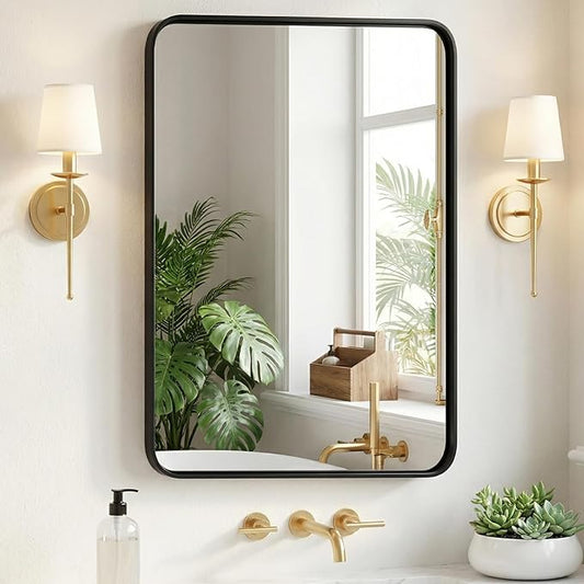 Sweetcrispy Bathroom Wall Mirror, 36x24 Inch Wall Mount Mirror for Over Sink, Modern Rounded Rectangle Vanity Mirror with Matte Metal Framed, for Home Decor, Living Room, Bedroom, Black