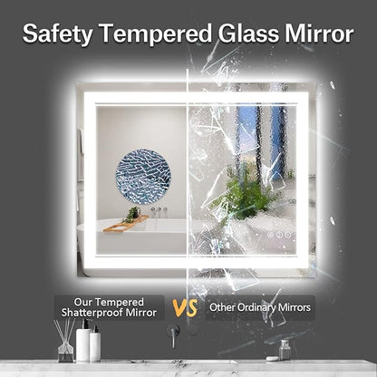 40 x 32 Inch LED Bathroom Mirror, Front Light and Backlit Anti-Fog Dimmable Memory Lighted Vanity Mirror, Shatterproof Wall-Mounted Led Mirror for Bathroom