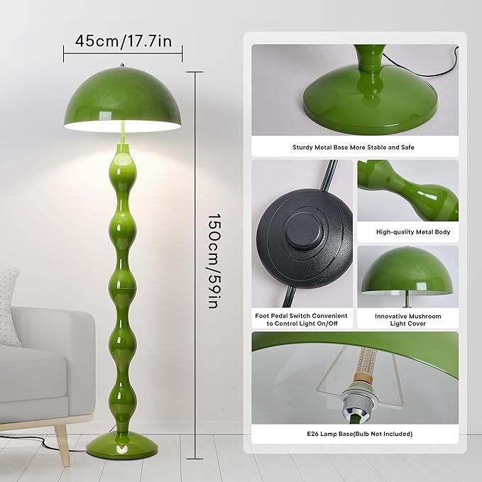 Unique Floor Lamp Creative Green Mushroom Lamp Standing Lamp with 45CM Wide Iron Shade and Foot Switch Modern Floor Light for Living Room, Bedroom, Office, Corner