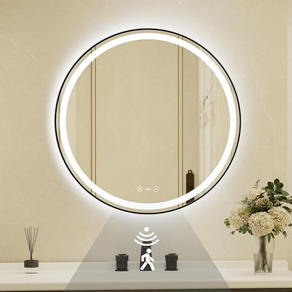 30 Inch Round Black Framed LED Bathroom Mirror with Lights,Smart Bathroom Mirror,Motion Sensor,Tempered Glass,Anti-Fog,Stepless Dimmable & 3 Colors,Memory,Vanity Mirror for Wall