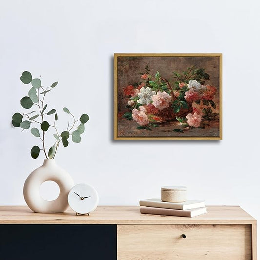 Pyradecor Vintage Retro Framed Wall Art A Basket with Roses Canvas Prints Classical Floral Painting Artwork for Kitchen Decor Farm House Office Decorations