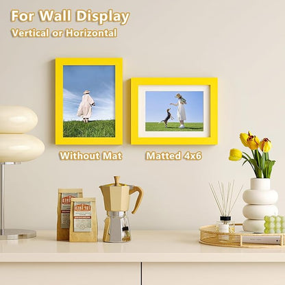 KINLINK 6x8 Picture Frames Yellow, Solid Wood Frames with Acrylic Plexiglass for Pictures 4x6 with Mat or 6x8 without Mat, Tabletop and Wall Display Photo Frame, Set of 4