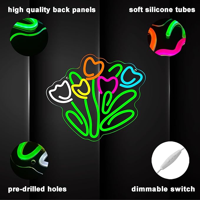 Dracey Tulip LED Neon Sign, Dimmable LED Tulip Flower Neon Light Signs, Florist Bunch Store Shop Bedroom Club Wall Decor, Gift for Mother's or Valentine's Day(13 * 11.4 in)
