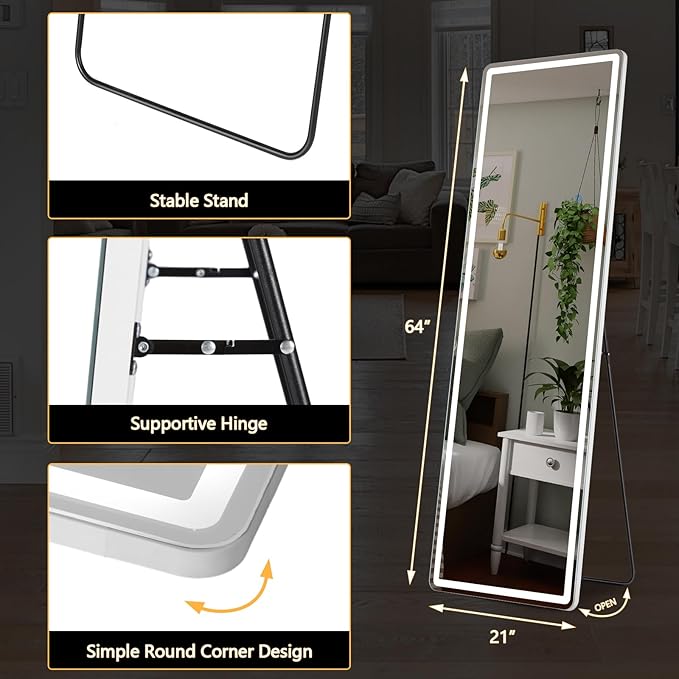 Sweetcrispy Full Length Mirror with LED Lights, 61"x17" Lighted Full Body Floor Mirror with Dimming & 3 Color Lighting, Stand for Bedroom, Dressing Room
