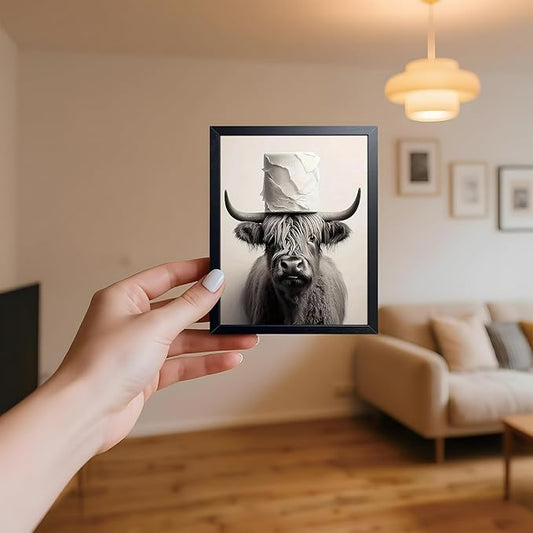 ARKZSHO Black and White Bathroom Wall Art, Funny Highland Cow Canvas Poster Print Picture, Modern Farmhouse Wall Decor Painting, Cute Animal Bathroom Restroom Home Decoration 8x10 Inch Wood Framed