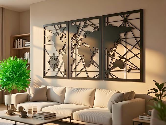 VAILLA World Map Wood Wall Art Decor Large Hanging Sculpture Modern Home Decoration Large Set of 3 Panels Map Wallart Botanical Wall Hangings Wooden Wall Arr 3D Textured Sculptures for Living Room Bedroom Office Dinnig Room