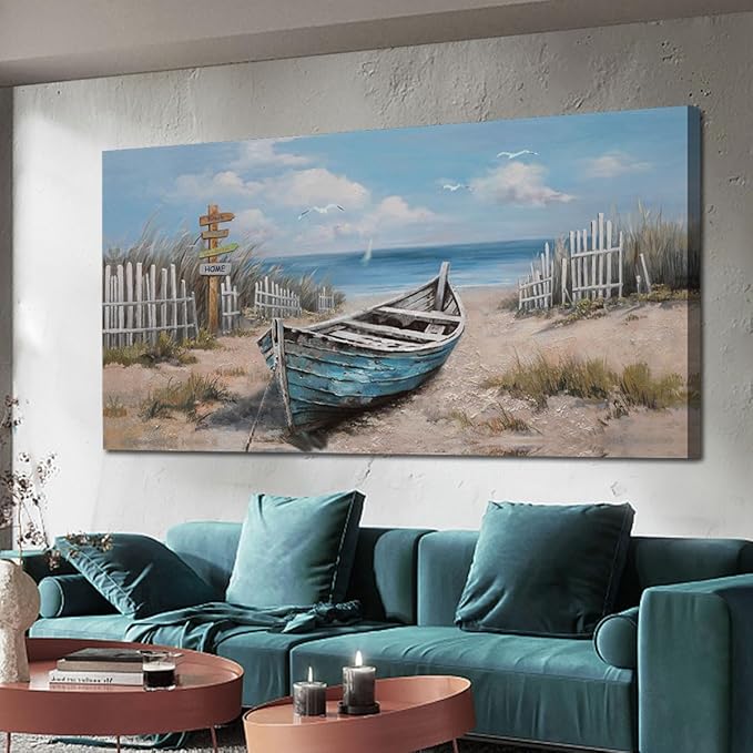 Ardemy Boat Canvas Wall Art Nautical Art Wall Decor for Living Room, Blue Teal Bedroom Picture Textured Beach Painting Framed Artwork Dining Room Home Office Kitchen, Extra Large 58"x29"