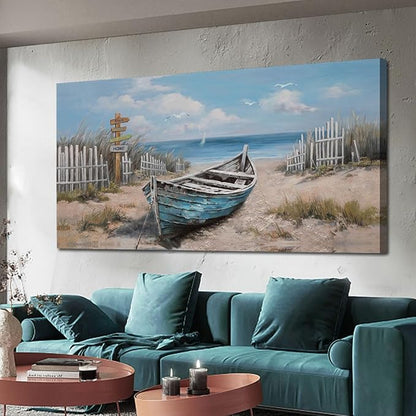 Ardemy Boat Canvas Wall Art Nautical Art Wall Decor for Living Room, Blue Teal Bedroom Picture Textured Beach Painting Framed Artwork Dining Room Home Office Kitchen, Extra Large 58"x29"