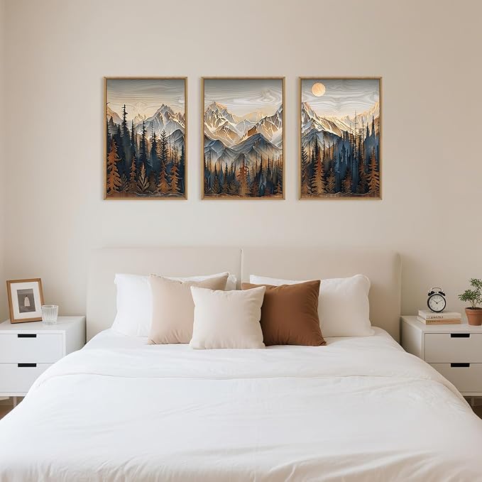 Mountain Wood Framed Canvas Wall Art Set,Rustic Pine Trees Wall Painting,Boho Ridge Scenery Wall Decor,Natural Sun Landscape Art Print for Living Room,Bedroom,Dining Room,Office-24 x36 x3