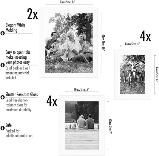 Americanflat Set of 10 Picture Frames with Shatter-Resistant Glass - Gallery Wall Frame Set with Two 8x10, Four 5x7 and Four 4x6 Frames - Signature Collection - White