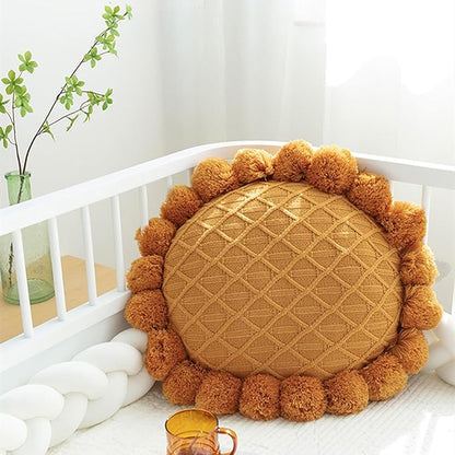 Acrylic Knitted Round Throw Pillow Knitting Bohemian Circular Cushion Pillow with Knit Handmade Pompoms Decorative Warm Orange, Diameter 18inches