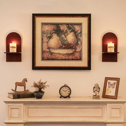 Mid Century Modern Candle Sconces: Set of 2 Walnut Boho Wall Candle Holder Decor for Living Room Fireplace - Arch Candle Shelf for Plants Pillars Candles