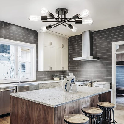 Sputnik Chandeliers, Modern Semi Flush Mount Ceiling Light with E26 Base, Mid Century Industrial Kitchen Farmhouse Light Fixtures for Bedroom Living Room (Black, Ceiling 6 Lights)